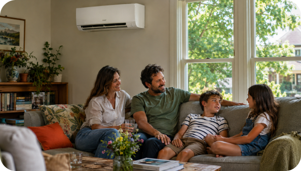 image of a family sitting inside heat pump on the wall