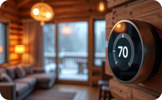 Thermostat in a living room over a winter background 