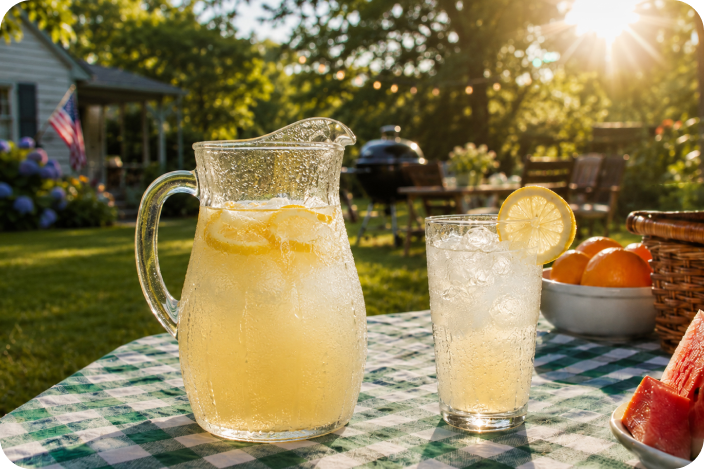 Pitcher of lemonade on a picnic table